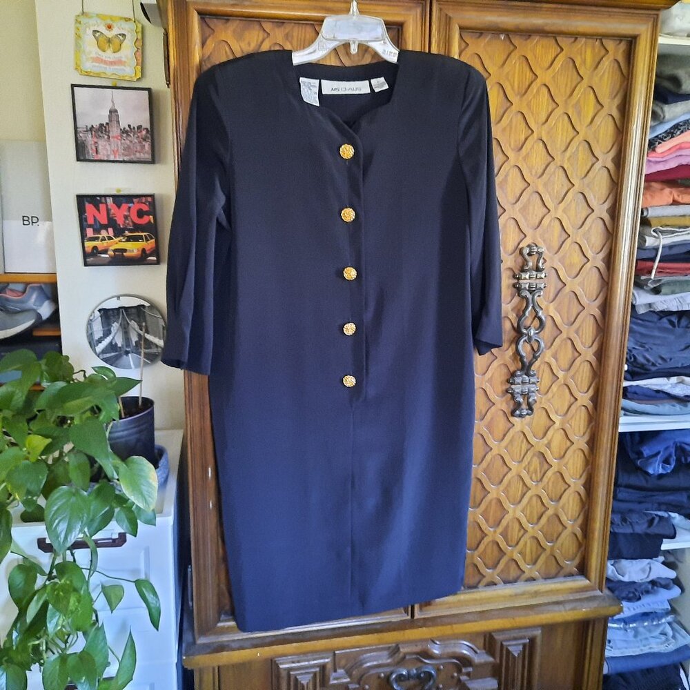 MS CHAUS Vintage 80s Gold Button Cocoon Shift Dress Style# 42311 - Black, Sz 6